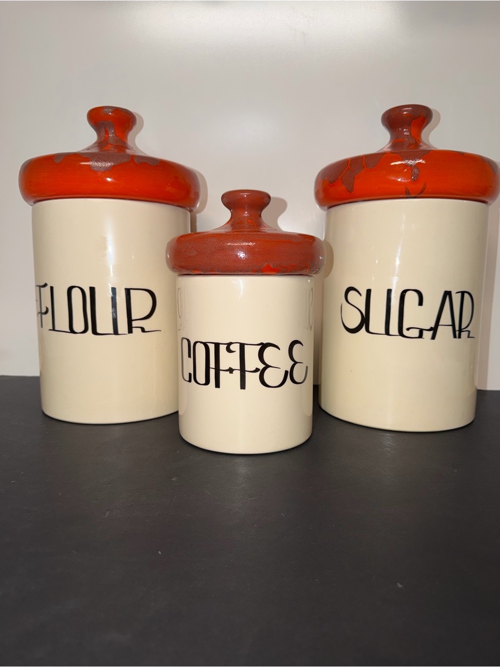 Vintage 1960’s MCM Ceramic Kitchen Canister Set- Retro- Flour, Sugar, Coffee